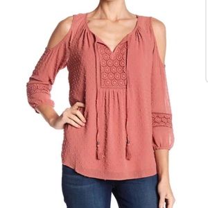 ❤️DR2 Cold Shoulder Crochet and Swiss Dot Blouse